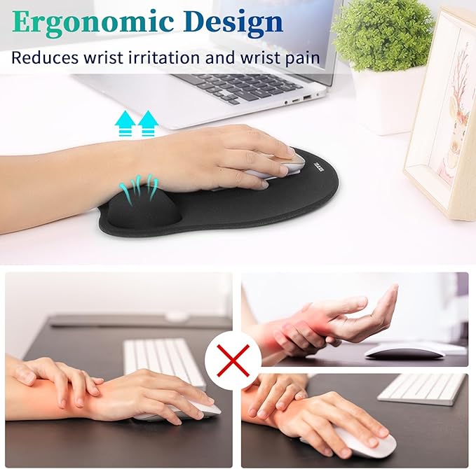 TIDALSOIL Mouse Pad with Wrist Support, Ergonomic Mouse Mat with Non-Slip PU Base, Pain Relief Memory Foam Mousepad for Office & Home, Black