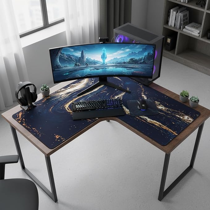 L Shaped Desk Mat for Corner, Large Extended Mouse Pad with Non-Slip Rubber Base, Black Waterproof Desk Protector for Office & Gaming Setup