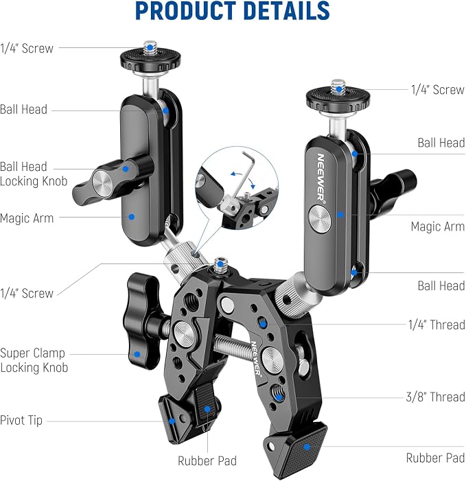NEEWER Heavy Duty Super Clamp with Two 360° Dual Ball Head Magic Arms, 1/4" 3/8" Screw Threads, Phone & Action Camera Mount Adapter for Flat/Round Surface Compatible with GoPro DJI Insta360 DSLR - Image 8