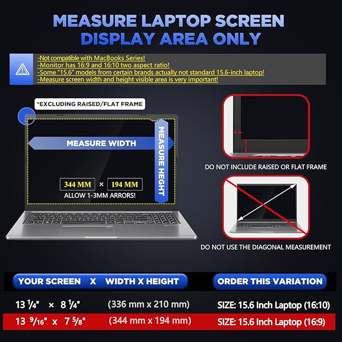 Magicmoon 15.6" Privacy Filter Screen Protector, Anti-Spy/Glare Film for 15.6 inch Widescreen Notebook Laptop with 16:9 Aspect Ratio (Width x Height:344mmx194mm)