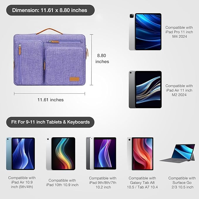 MOSISO 9-11 inch Tablet Sleeve Case for iPad A16 2025, iPad Air 11 inch M3 M2, iPad Pro 11 M4, iPad 10/9/8/7th, Galaxy Tab A9+/S9/S8/Plus 11, Side Open Carrying Bag with 4 Zipper Pockets, Purple