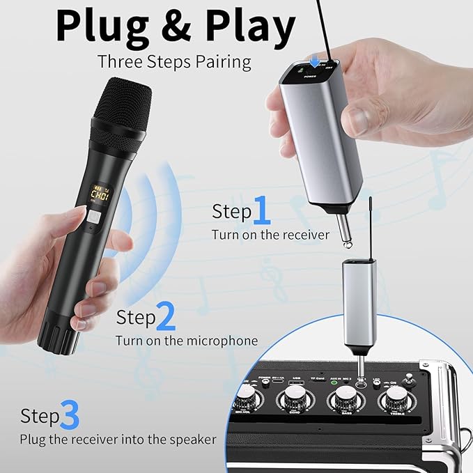 Wireless Microphone, Handheld UHF Dual Metal Cordless Dynamic Mic System with Rechargeable Receiver,200ft Range,for Karaoke, Speech, Party, Wedding, Church,Singing Machine-Auto Connect