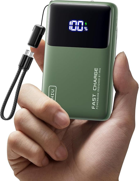 INIU Small Portable Charger, 45W PD Fast Charging 10000mAh Power Bank, Battery Pack with Attached USB C Cable, Travel Essentials Powerbank for iPhone 17 16 15 14 Pro Air, Xiaomi, Samsung S25, Green