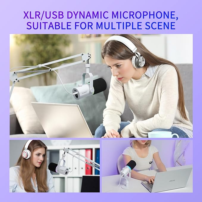 FEELWORLD PM1 XLR USB Dynamic Microphone with Boom Arm Gifts for Podcast Recording PC Computer Gaming Live Streaming Vocal Voice-Over, Studio Metal Mic, RGB Light, Mute Button, Headphones Jack (White)