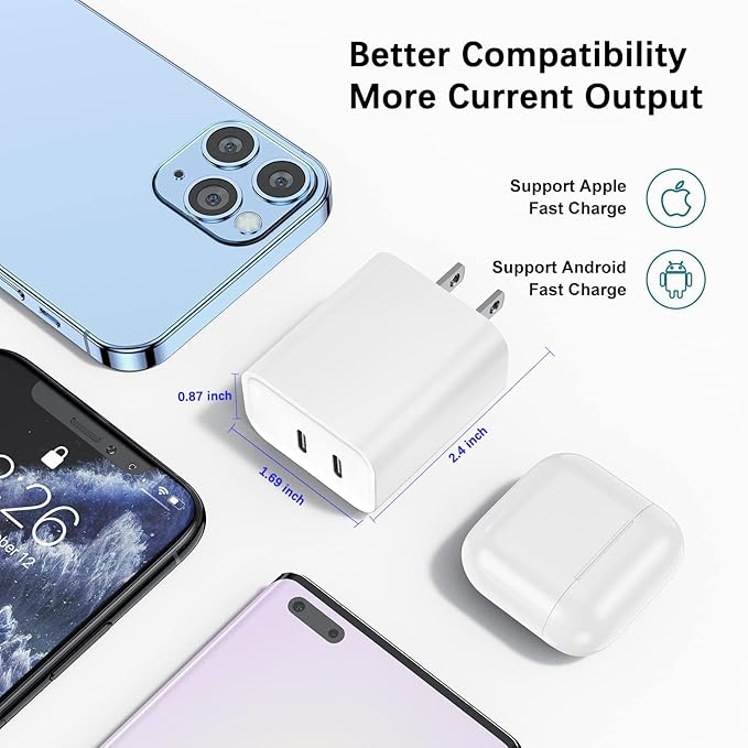 USB C Charging Block Fast Charger,2Pack 40W Dual Port Fast USB C Wall Charger Block,Type C Charging Plug Power Adapter Compatible with iPhone 17 Pro Max/Air/16e/16 Plus/15/14/13/12/11/XS/XR/X,iPad