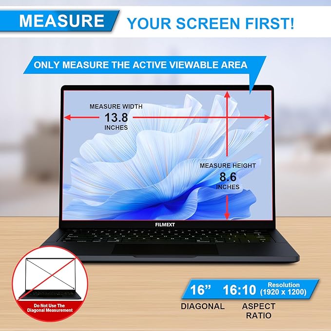 FILMEXT 16 Inch Laptop Privacy Screen Compatible with Lenovo Hp Dell Acer Asus Thinkpad Envy Xps -16:10 Aspect Ratio, Removable computer laptop privacy screen filter anti-blue light Anti Spy Shield