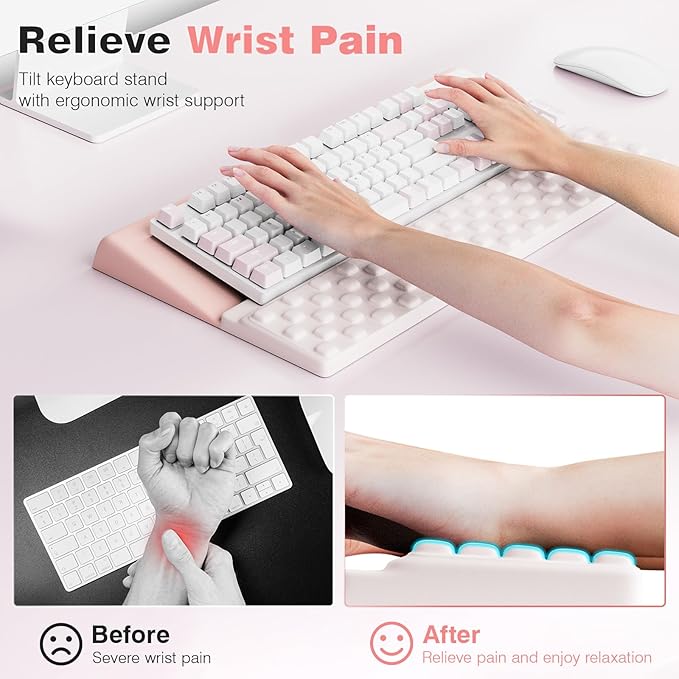 Ospelelf Keyboard Wrist Rest, Ergonomic Memory Foam Wrist Support for Typing & Gaming, Tilted Keyboard Pad, Aesthetic Desk Accessories for Office, Relief for Carpal Tunnel & Wrist Pain, Pink White