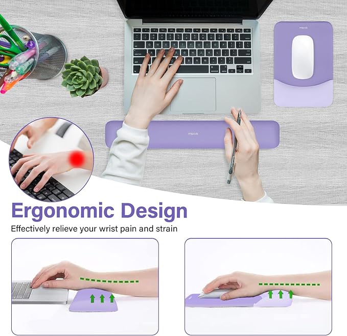 MOSISO Wrist Rest Support for Mouse Pad&Keyboard Set, Rectangular Ergonomic Mousepad Non-Slip Base Home/Office Pain Relief&Easy Typing Pad with Neoprene Cloth&Raised Silicone Lining, Purple