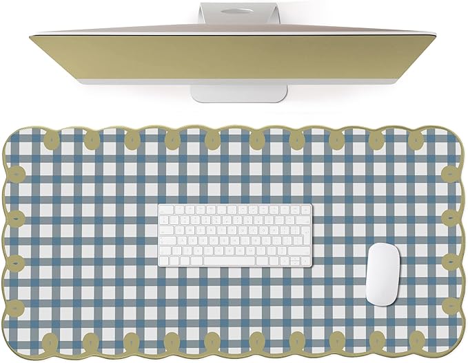 Cute Blue Green Scalloped Desk Mat Checkered Large Mouse Pad Kawaii Vintage Farmhouse-Inspired Cottagecore Office Desk Decor Stitched Nonslip Pad for Computer Keyboard & Mouse 31 * 15.7in