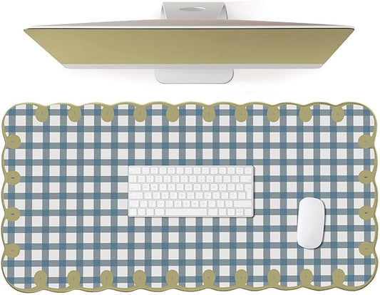 Cute Blue Green Scalloped Desk Mat Checkered Large Mouse Pad Kawaii Vintage Farmhouse-Inspired Cottagecore Office Desk Decor Stitched Nonslip Pad for Computer Keyboard & Mouse 31 * 15.7in