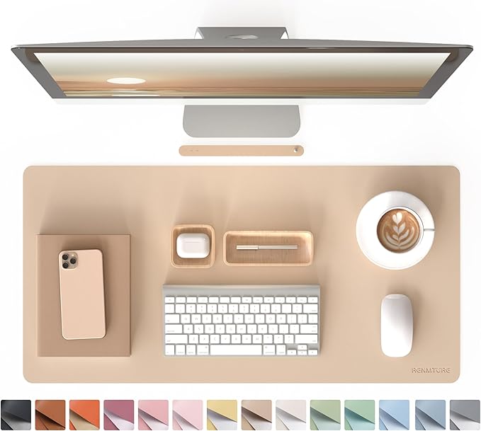 RENMTURE PU Mouse Pad, Faux Leather Large Desk Pad, Home Work Office Accessories, Non-Slip Desk Mat, Waterproof Gaming Pad Desk Blotter (32"x16", Apricot Yellow)