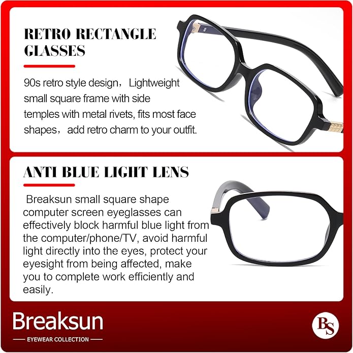 Breaksun Retro Rectangle Glasses for Women Men Small Square Blue Light Blocking Glasses Vintage Eyeglasses