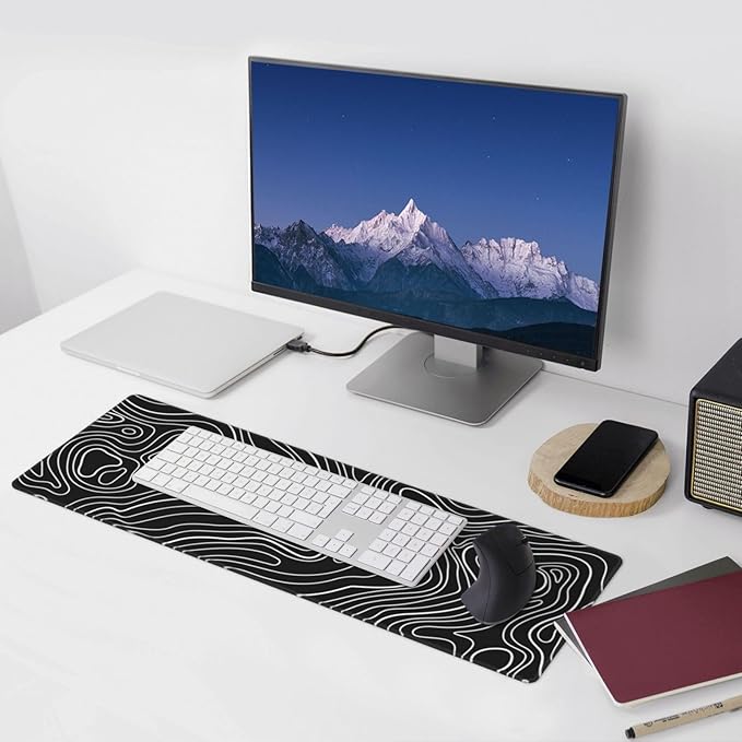 Topographic Map Black Gaming Mouse Pad Desk Mat for Home and Office, Large Mousepad Extended Keyboard Pad Stitched Edge Accessories Decor
