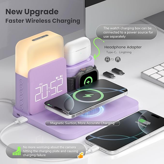 7 in 1 Charging Station for iPhone, Wireless Charging Station, Alarm Clock, Night Light, Wireless Charger for iPhone 17 16 15 14 13 12 Pro Max & Apple Watch - Charging Stand Dock for AirPods(Purple)