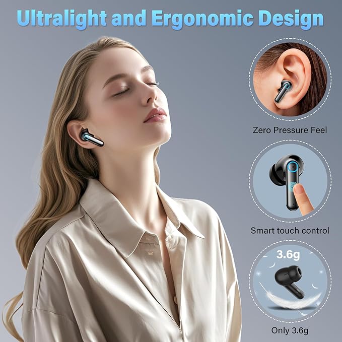 Wireless Earbuds, Ear Buds with Noise Cancelling Mic, Hi-Fi Stereo Bass Ear Buds with 48H Playtime, Bluetooth 5.4 Headphones Bass Stereo, Bluetooth Earbuds for Laptop, Phones, Sports