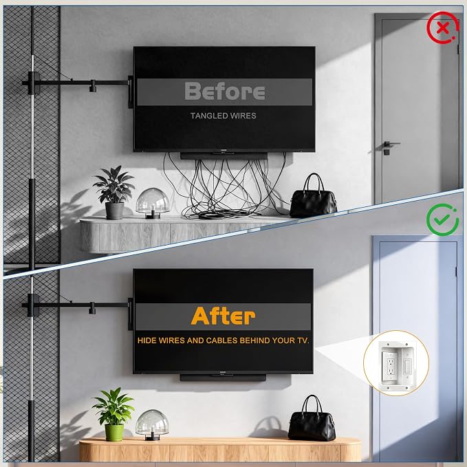 Wall Cable Concealer Kit with Recessed Tv Outlet Box-Two-Hole Socket,Tv Cable Hider Wall Kit Hider Box Fits All Plugs, Easy, Safe Cable Management - Image 3