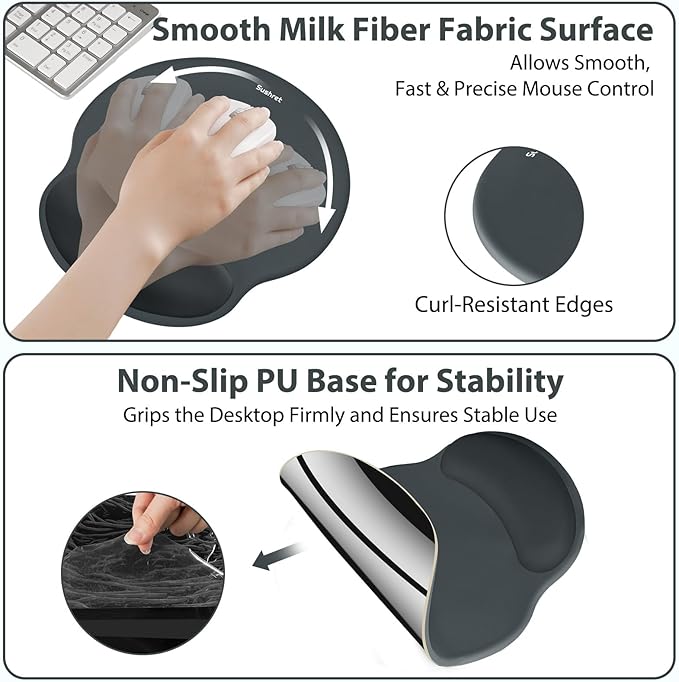 Sushret Mouse Pad and Keyboard Wrist Rest, 3-in-1 Gel Memory Foam Ergonomic Mouse Pad with Wrist Rest Set, Gaming Mousepad Arm Cushion Support for Computer Office Desk Accessories Cute Setup, Charcoal