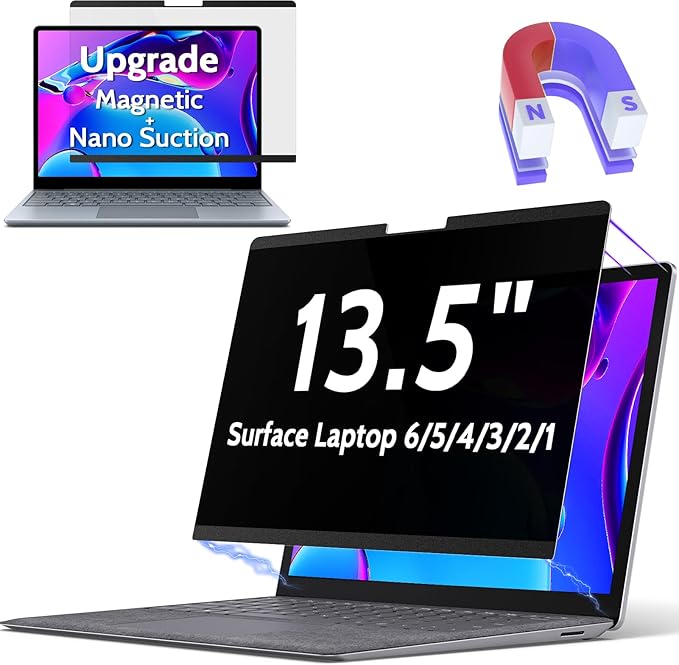 Peslv Magnetic Privacy Screen for Surface Laptop 6/5/4/3/2/1 13.5 Inch, Removable Anti Blue Light Glare Filter, Black Security Private Apy Block Protector