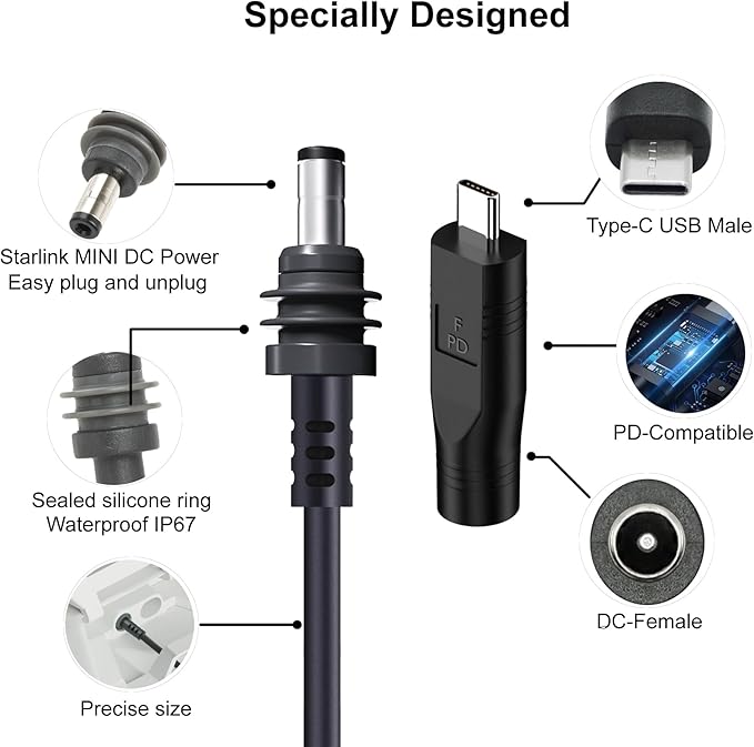 Starlink Mini DC Power Cable with USB C to DC Adapter, Type C Power Cable for Starlink Mini, Compatible with 65W+ PD 20V Protocol Power Supply/Source, Indoor/Outdoor Grey (5M+ USB-C Adapter)