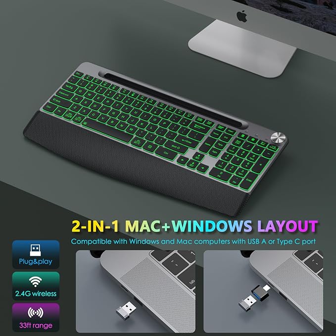 Ergonomic Backlit Wireless Keyboard with Wrist Rest-Low-Profile,Phone/Tablet Holder,Rechargeable with Light Up Keyboard,Cordless Quiet Computer Keyboard for Desktop,Laptop, PC, Mac-Grey