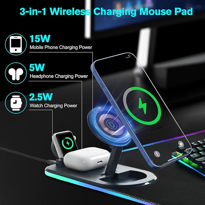 ELUTENG 4-in-1 RGB Gaming Mouse Pad with Phone Holder, Wireless Charging Desk Mat, Waterproof Ultra-Smooth Large Keyboard Pad, Non-Slip Base Home Office Desk Mat 35.43"x15.75"
