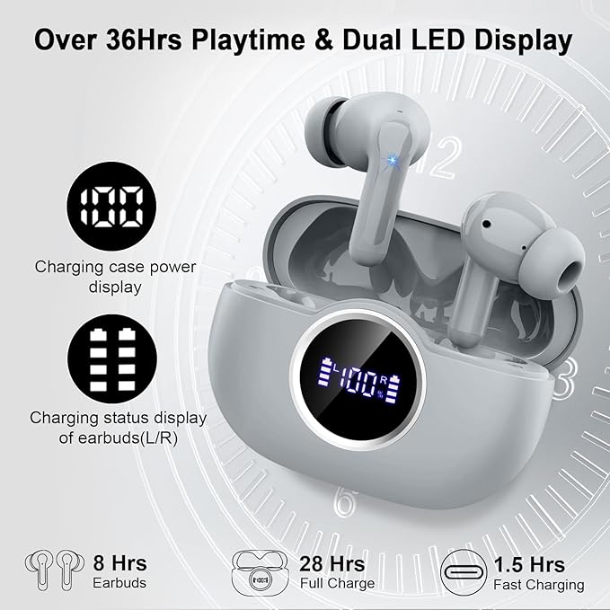 Wireless Earbuds, 2026 Bluetooth 5.4 Headphones 3D Bass Hi-Fi Stereo Ear Buds, 4 ENC Noise Cancelling Mic, 40Hrs USB-C in-Ear Earphones, IP7 Waterproof Workout Sport for Laptop Pad Android iOS, Grey