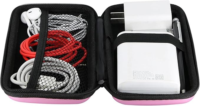iMangoo Travel Essential Electronics Organizer Charger Case, Shockproof Dual Zipper Power Bank Cables Tech Accessories Pouch Purse, Men & Women Travel Must Have Storage Bag, 6.5x3.2x1 inch Pink
