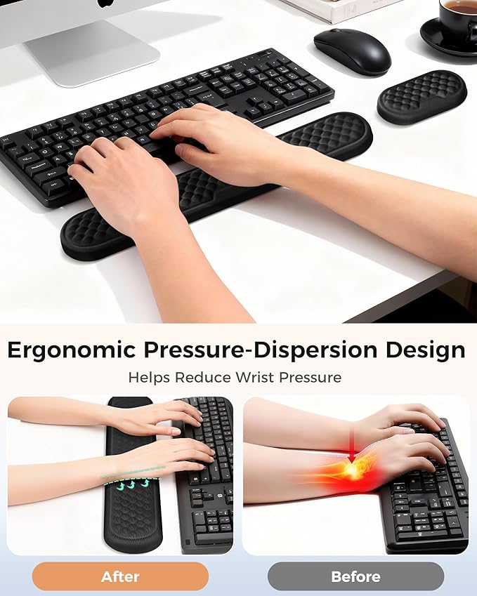 Wrist Rest Set for Keyboard and Mouse, Ergonomic Wrist Support with Soft Memory Foam, Silky Lycra Cover, Non-Slip Base (Dark Black)