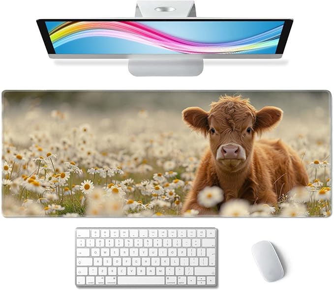 Gaming Mouse Pad Large,Cute Highland Cow on Daisy Mouse Pad Gaming Mouse Mat Desk Pad,31.5 x 11.8 Desk Mat Mouse Pads for Desk,Extended Keyboard Mousepad with Non-Slip Base and Stitched Edge