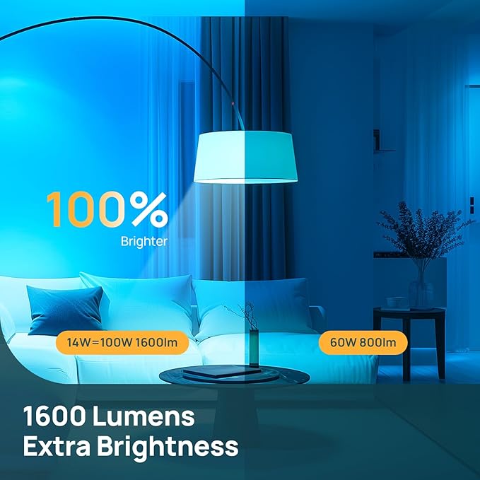 Linkind Smart Light Bulbs, 1600LM (100W Equivalent) Smart Bulb, Compatible with Alexa, RGBTW Color Changing Bulb Music Sync, 2.4GHz Wi-Fi & Bluetooth, LED Alexa Light Bulbs 14W, A21 E26, 6Pack