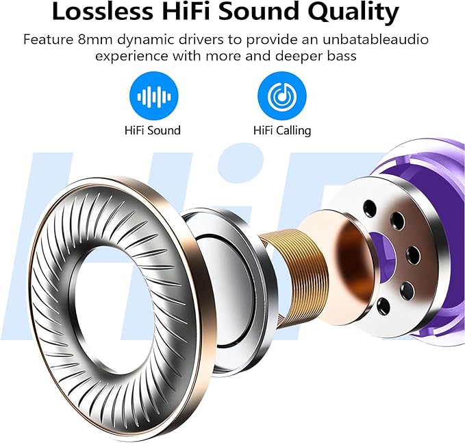 kurdene Wireless Earbuds Bluetooth 5.3 in Ear Buds Light Weight Headphones,Deep Bass Sound,Built in Mics Headset,Clear Calls Earphones for Sports Workout Purple
