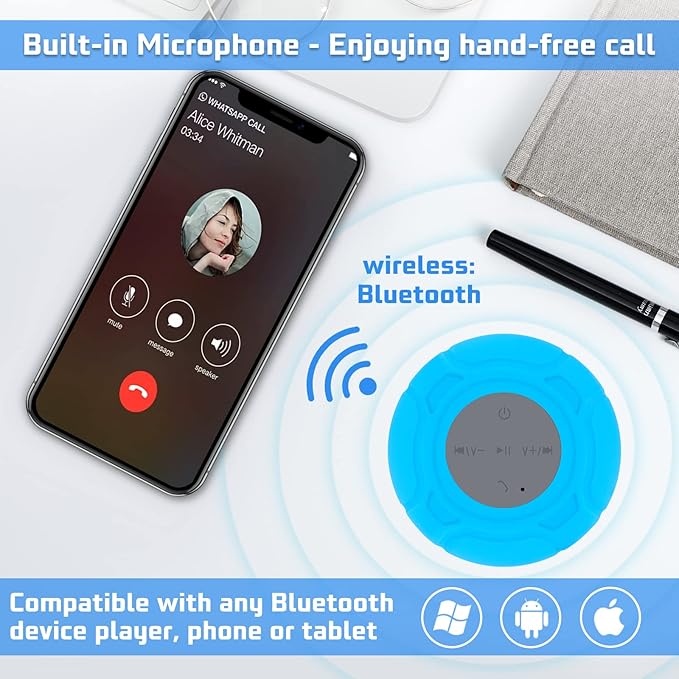 Waterproof Bluetooth Shower Speaker Portable Wireless Water-Resistant Speaker Suction Cup,Built-in Mic Gifts for Kids Speakerphone for iPhone Phone Tablet Bathroom Kitchen - Blue