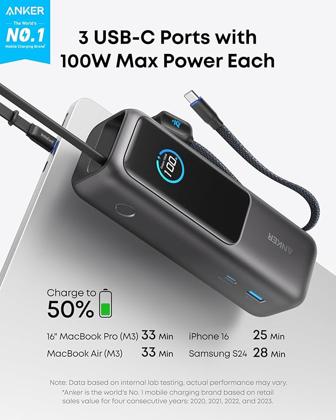Anker Prime 65W Power Bank with Built-in USB-C Cable - US Black Zolo 25K 165W Power Bank with USB-C and Retractable Cable