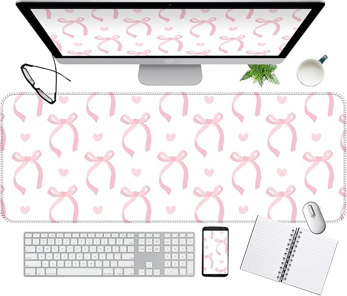 Desk Mat,Big Desk Pad,31.5 x 11.5in Extended Gaming Mouse Pad,Large Mouse Pad for Desk Rubber Base Mousepad with Stitched Edges,Keyboard Mouse Mat for Work Game Office Home - Pink Bow Tie