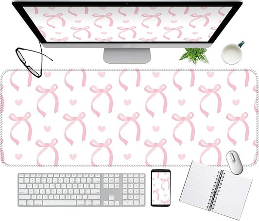 Desk Mat,Big Desk Pad,31.5 x 11.5in Extended Gaming Mouse Pad,Large Mouse Pad for Desk Rubber Base Mousepad with Stitched Edges,Keyboard Mouse Mat for Work Game Office Home - Pink Bow Tie