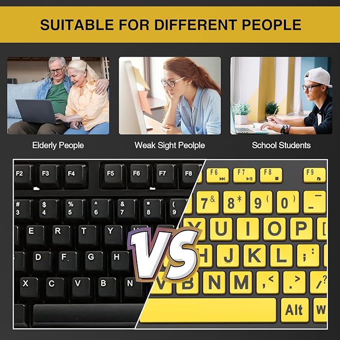 SABLUTE Large Print Computer Keyboards, Wired USB High Contrast with Wrist Rest, Phone Holder Oversized Print Letters Easy to Read for Visually Impaired Vision Individuals (Yellow+Black)