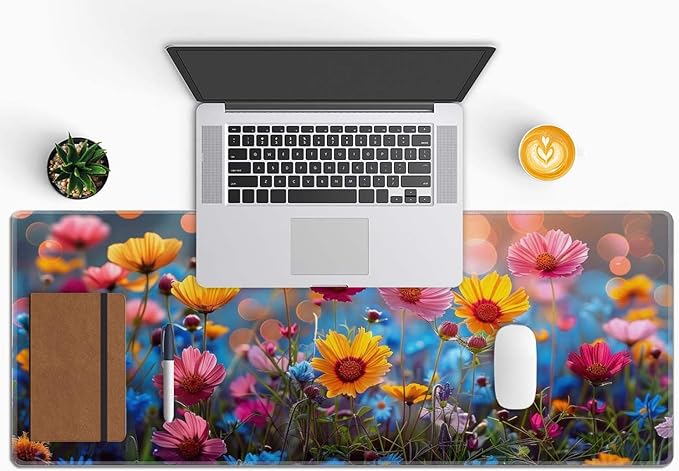 Floral Desk Mat Pink Yellow Blue Aesthetic Desk Pad Flower Plant Extended Mouse Pad Large Gaming Mousepad XL Laptop Computer Mouse Keyboard Mat 31.5 x 11.8 in for Office Desk Decor