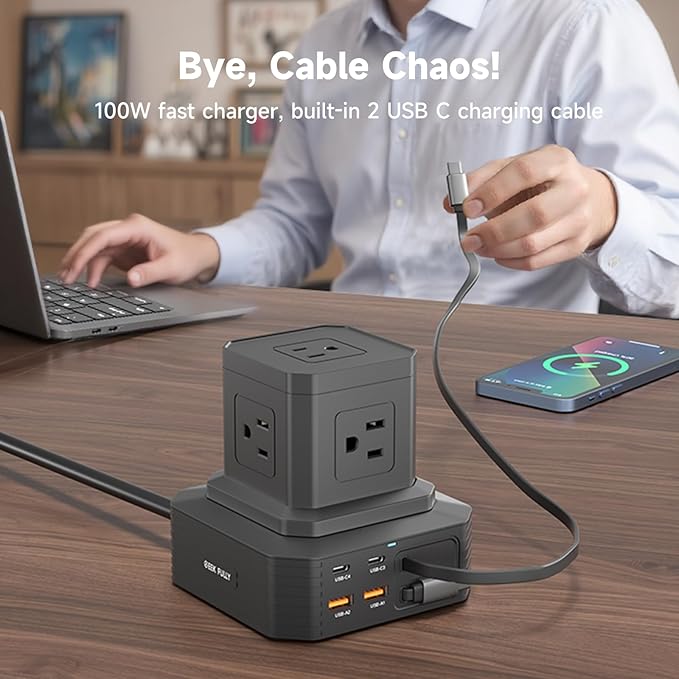 Charging Station (100W), 11-in-1 USB C Power Strip with Surge Protection, 6.6Ft Extension Cord, 4 USB C and 2 USB A Ports, 5 AC Outlets for Home Office Dorm Room