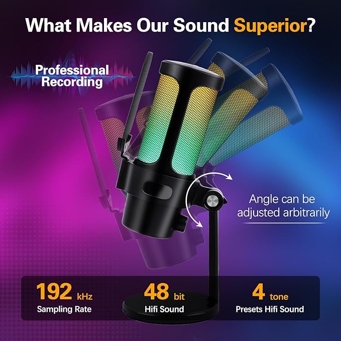 VCOM Gaming USB Microphone, Condenser Dynamic Mic for Podcasting, Streaming, with Quick Mute, Desktop Stand, Pop Filter, RGB Indicator, Shock Mount, Rotate gain Button, Compatible with PS4/5/PC