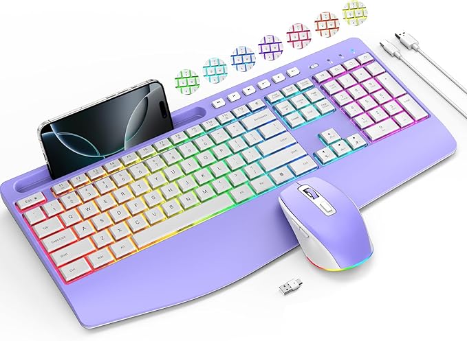 Wireless Keyboard and Mouse Combo- VEILZOR 2.4G Rechargeable Keyboard with Phone Holder, Ergonomic Wrist Rest, 9 RGB Backlit Effects, Silent Keyboard Mouse Set for Windows, Laptop, PC