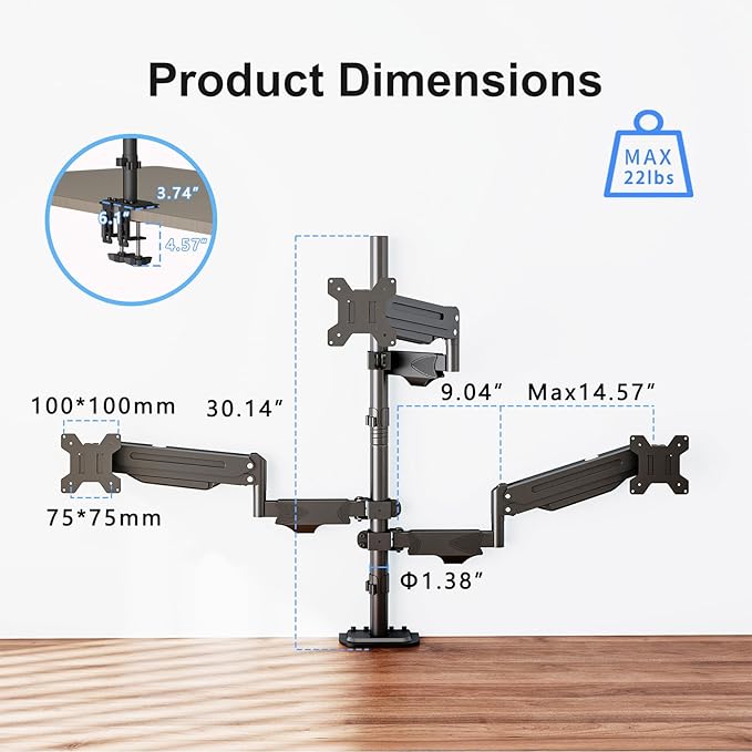 Pholiten Triple Monitor Mount, 3 Gas Spring Monitor Arms for Up to 32 inches Screens, Fully Adjustable Heavy Duty Triple Monitor Mount with Cable Management, Each Arm Holds 22 lbs