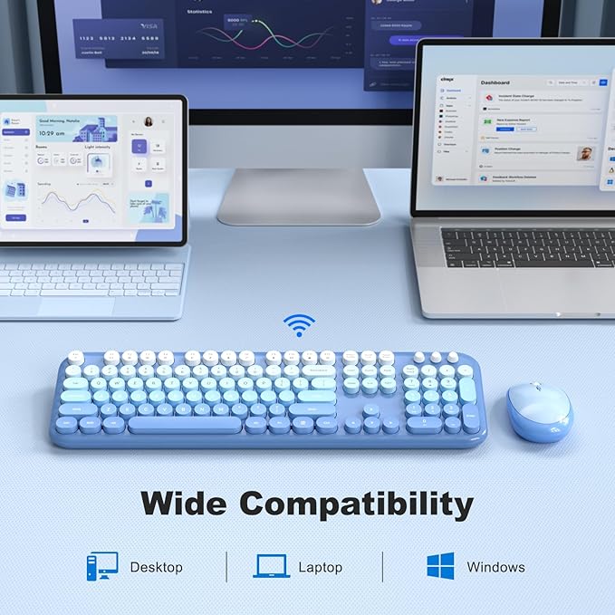 Wireless Keyboard Mouse Combo, Typewriter Full Size Keyboard with Number Pad and 2 in 1 USB Connected Mouse for PC Computer Laptop Desktop Windows 7 8 10 11 (Blue Colorful)