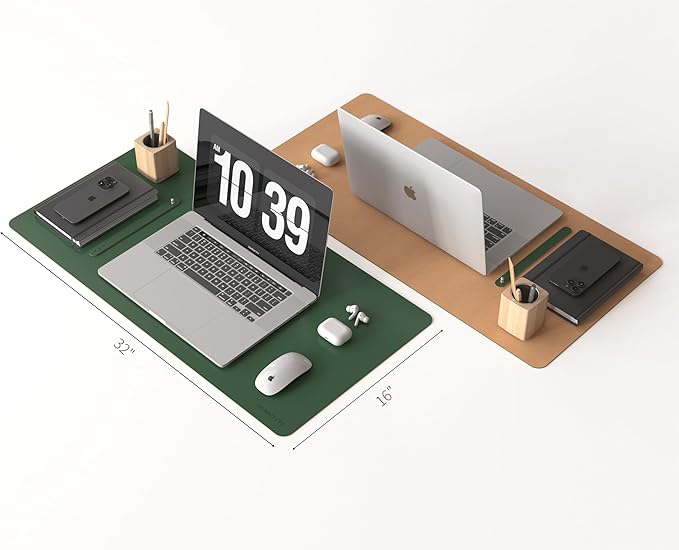 RENMTURE Desk Pad, Cork & PU Leather Desk Mat, Large Mouse pad, Non-Slip Desk Protector and Blotter, Waterproof Writing Pad, Desk Accessories and Organizers for Home Office (Deep Green,32"x16")