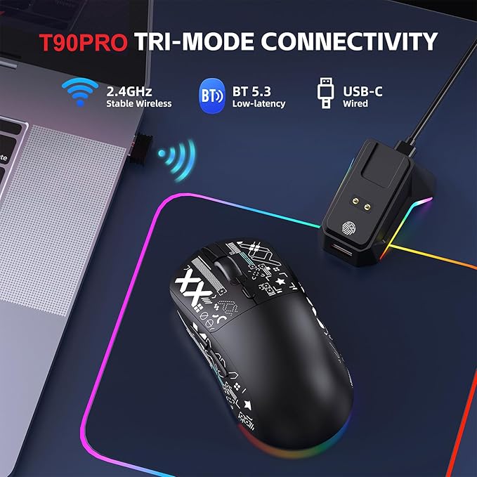 Wireless Gaming Mouse RGB Light, 3 Mode Wired 2.4G BT5.3 12000 DPI 7 Programmable Buttons, Magnetic Charging Dock for PC Laptop Gaming (Black)