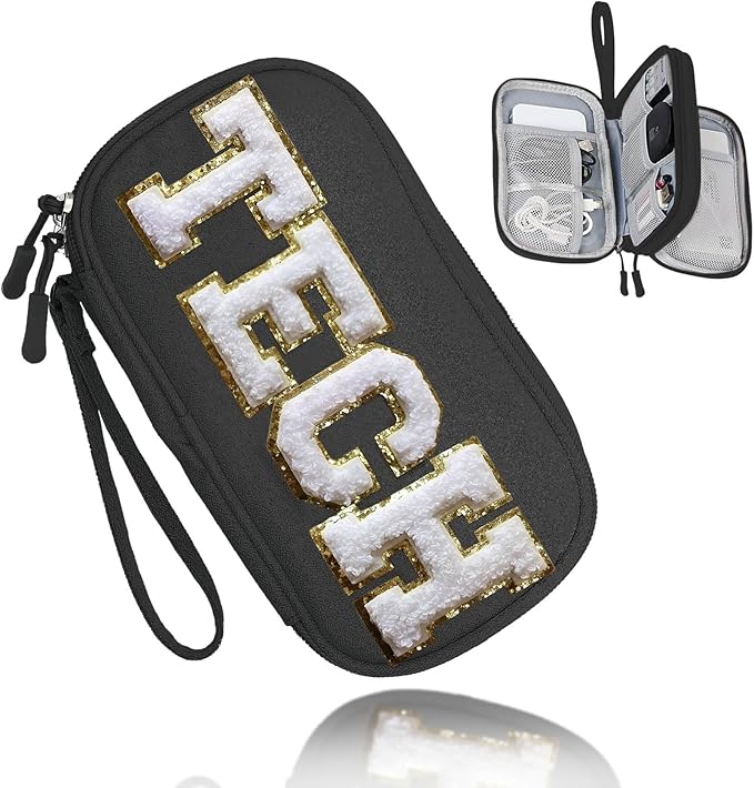COSHAYSOO Small TECH Pouch Electronics Organizer Travel Bag Personalized Valentines Traveling Gifts for Women, Charging Cords Phone Charger USB Cable Management Airplane Cruise Essentials Black