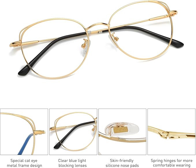 SOJOS Cat Eye Blue Light Blocking Glasses for Woman Hipster Metal Frame Womens Eyeglasses She Young SJ5027