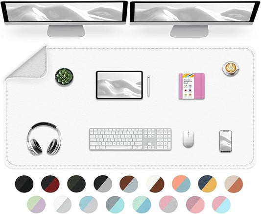 Dual-Sided Desk Mat, Large Pad, Waterproof Smooth PU Leather Blotter Protector, Mouse Pad, Desk Organizers, Office/Home Table Decor for Reading and Writing (White+Slivery, 47.2''23.6'')