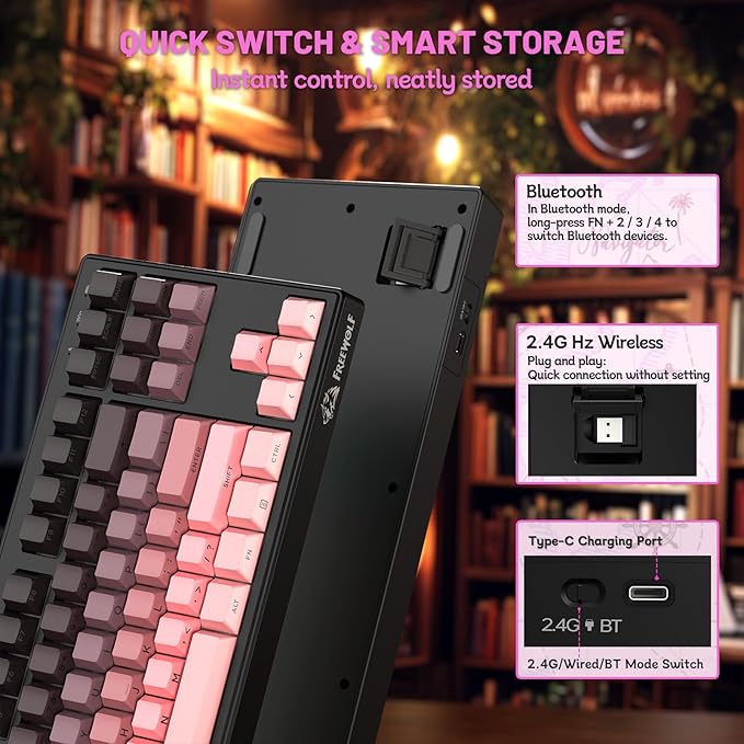 M87V2 Wireless Keyboard, Low Profile Quiet Typing Membrane Gaming Keyboard with 80% TKL Layout Side Printed Keys, RGB Backlit, USB C Rechargeable,87 Keys PBT Keycap for Windows PC,Mac,Linux-Blackberry