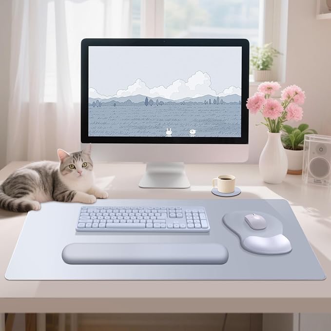 4-in-1 Large Gaming Mouse Pad, Keyboard Wrist Rest Pad & Wrist Support Mousepad Set, Extended Desk Pad Waterproof Desk Mat Protector for Home Office Decor Study Game 35.4×15.7 Inches I Gradient Gray