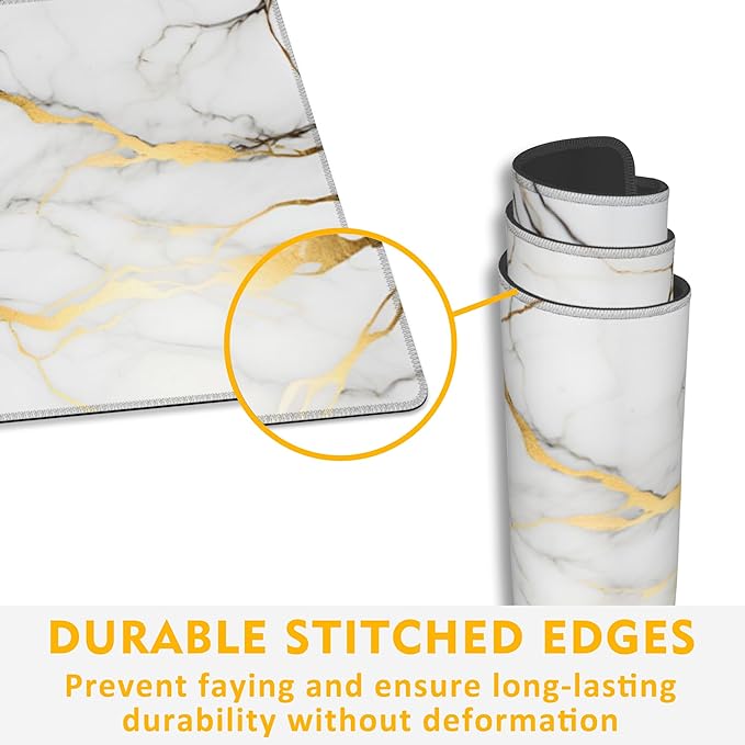 Desk Mat,Gold Line Marble Gaming Mouse Pad,31.5""X15.7"" Large Desk Pad with Stitched Edge Non-Slip Base Keyboard Big Mouse Pad for Office Home Work Gaming-White, WDQ-D02